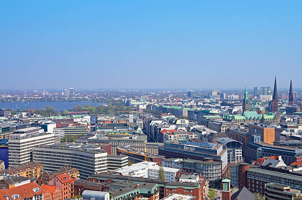 aerial view of the skyline of hmaburg with alster