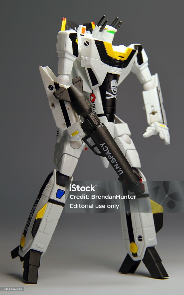 Unstoppable Machine Vancouver, Canada - September 19, 2012:  A battloid mode veritech fighter from the Macross animated television series against a white background. The model is from Revolte 1980-1989 Stock Photo