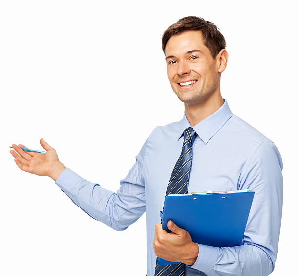 istock Smiling Businessman Gesturing Over White Background 502135033