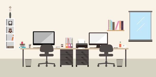 desk with computer and other things, vector desk with computer and other things, vector office desk stock illustrations