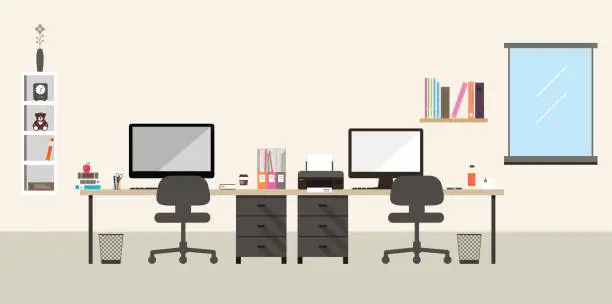 Vector illustration of desk with computer and other things, vector