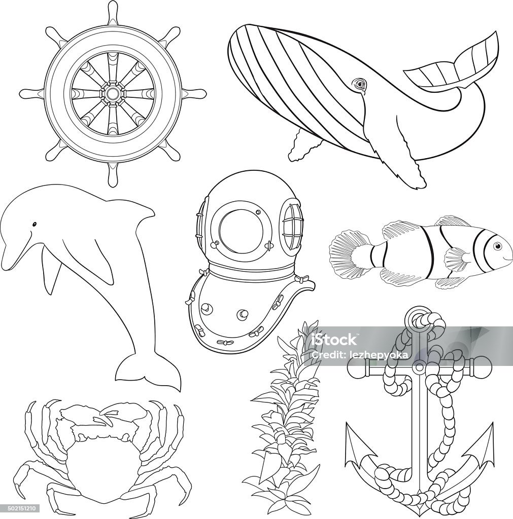 Set of illustrations for children coloring pages. Set of illustrations for children coloring pages. Black and white marine animals and objects. Hand drawn collection with oceanic animals and ship equipment. Vector illustration Anchor - Vessel Part stock vector