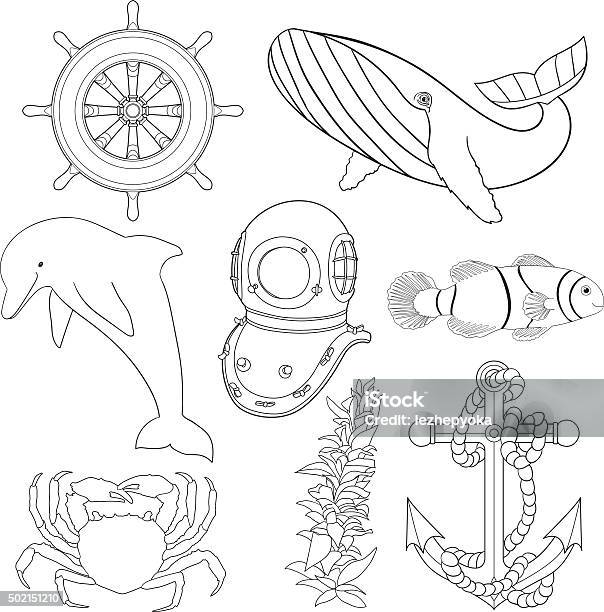 Set Of Illustrations For Children Coloring Pages Stock Illustration - Download Image Now - Anchor - Vessel Part, Crab, Whale