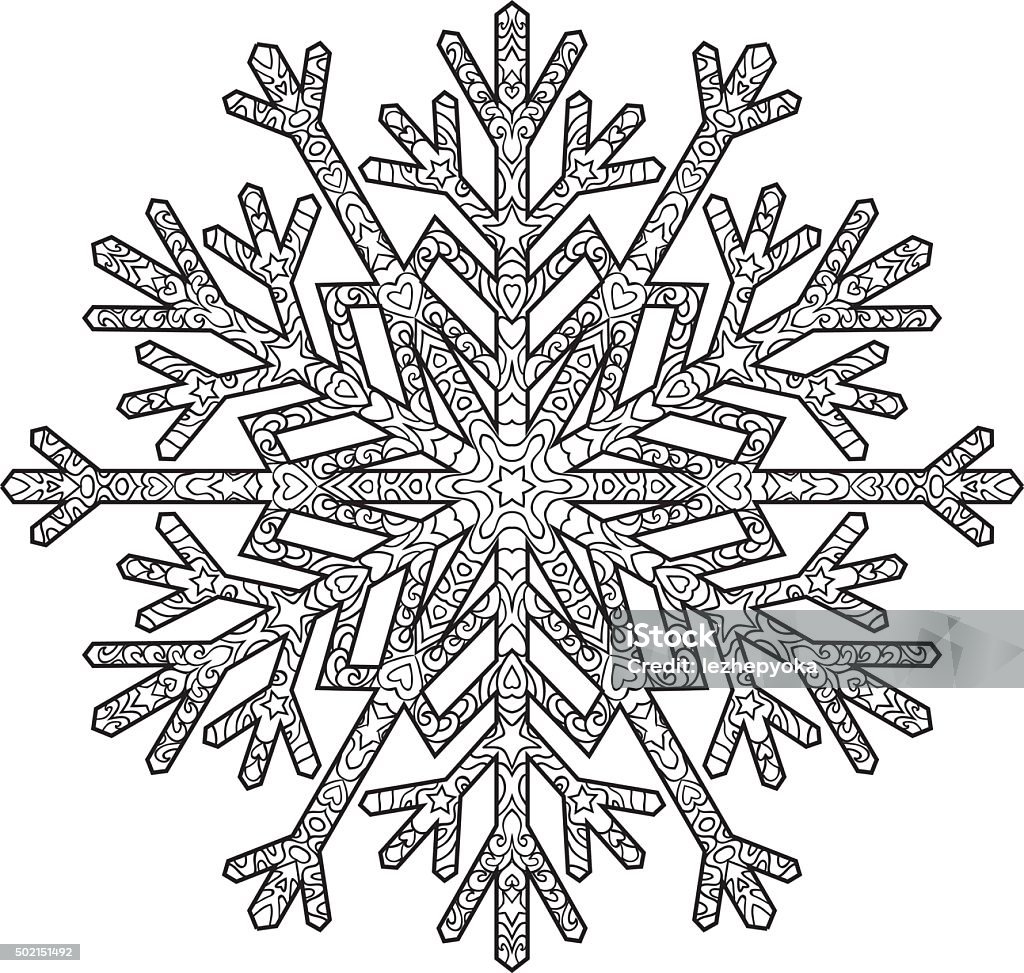 Hand drawn antistress snowflake. Hand drawn antistress snowflake. Template for cover, poster, t-shirt or tattoo. Winter coloring pages for adult art therapy. Vector illustration. Coloring stock vector