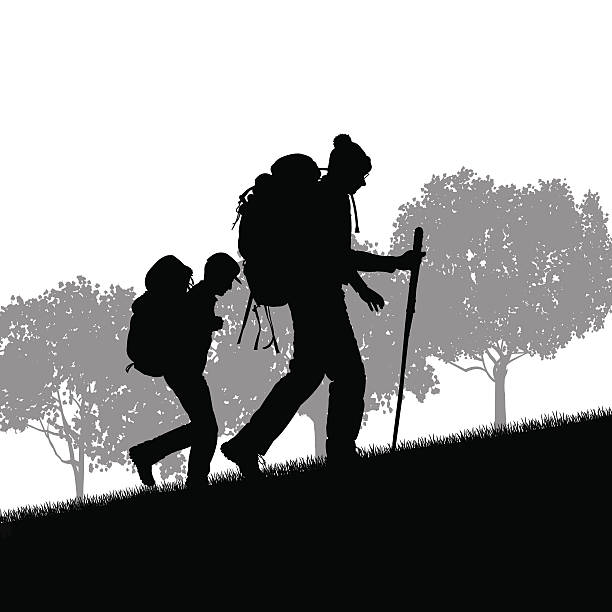 Fall Hikers Background Fall Hikers Background. Graphic silhouette illustration of two hikers. Color changes a snap. Check out my “Fitness, Exercise & Running” light box for more. trailblazing stock illustrations