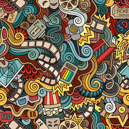 Cartoon vector doodles hand drawn cinema seamless pattern