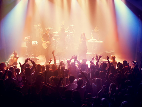 Shot of a crowd enjoying the performance at a music concert. This concert was created for the sole purpose of this photo shoot, featuring 300 models and 3 live bands. All people in this shoot are model released.