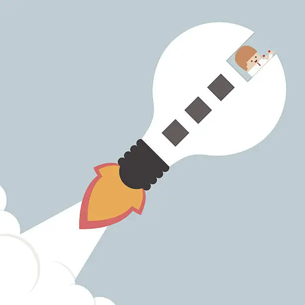 Vector illustration of Businessman flying with a idea rocket