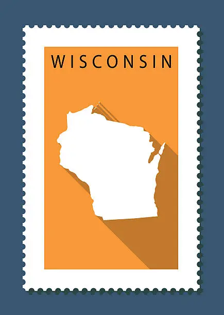 Vector illustration of Wisconsin Map on Orange Background, Long Shadow, Flat Design,stamp