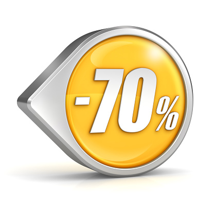 Discount sale 70% yellow icon with pointer. 