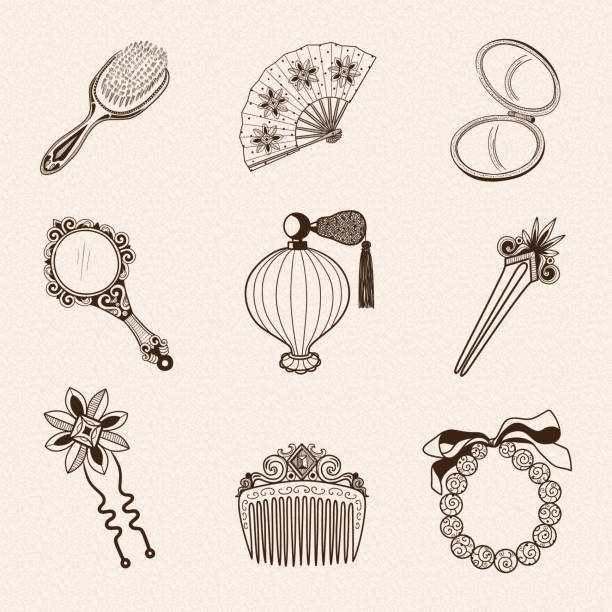 Lady's vintage beauty accessories collection. vector art illustration
