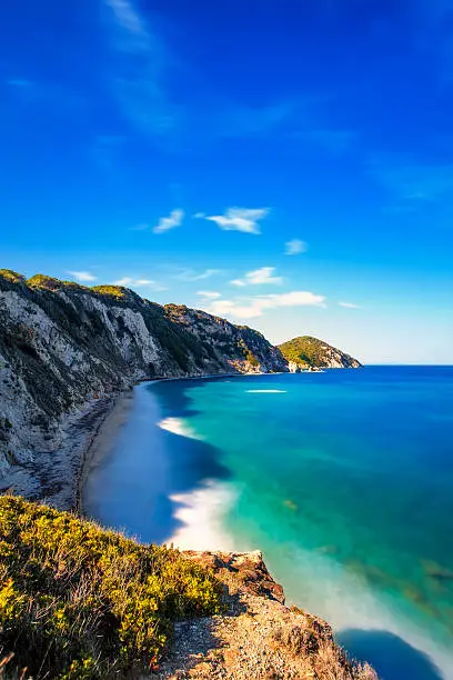 Elba island, Portoferraio Sansone white beach coast. Tuscany, Italy, Europe. Long Exposure.