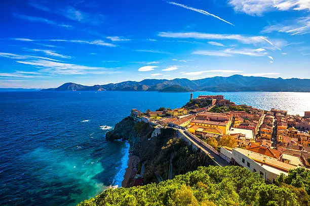 Elba island, Portoferraio aerial view. Lighthouse and fort. Tuscany, Italy, Europe.