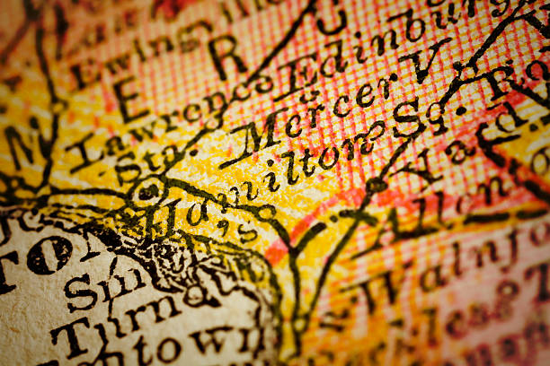 Hamilton | New Jersey on an Antique map Hamilton, New Jersey on 1880's map. Selective focus and Canon EOS 5D Mark II with MP-E 65mm macro lens. hamilton ohio photos stock pictures, royalty-free photos & images