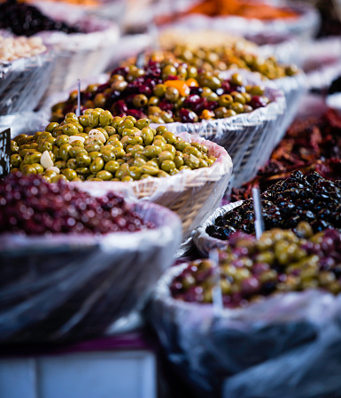 fresh olives at a street market in a small French town