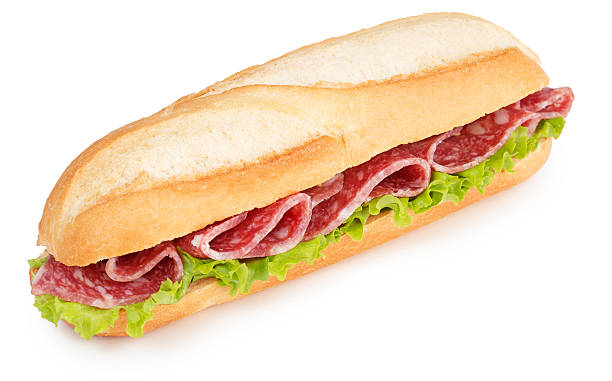 salame y lechuga sub - sandwich submarine delicatessen salami fotografías e imágenes de stock