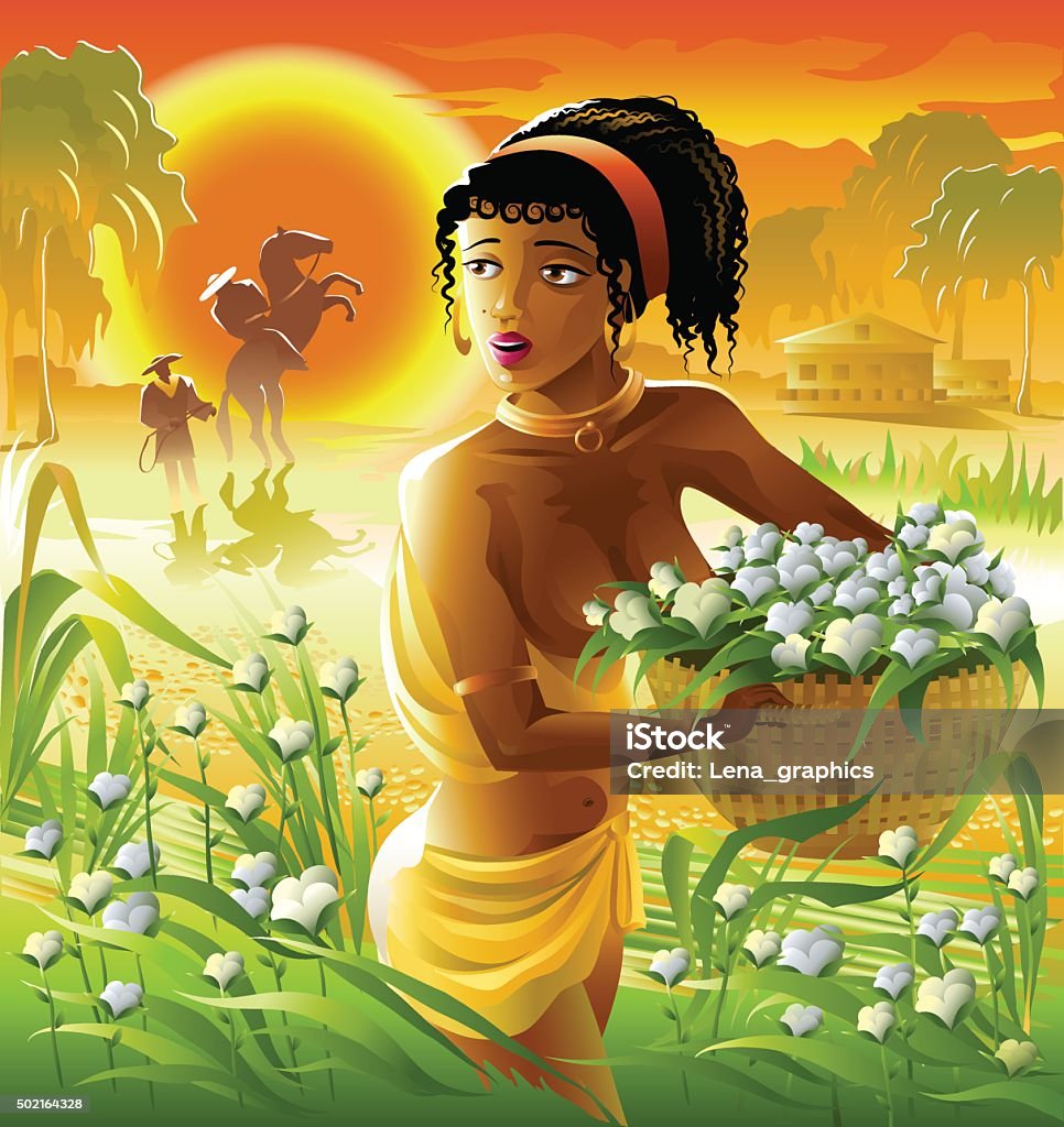 black woman slave on a cotton plantation. black woman slave on a cotton plantation with a basket in her hands. Vector illustration. Slavery stock vector