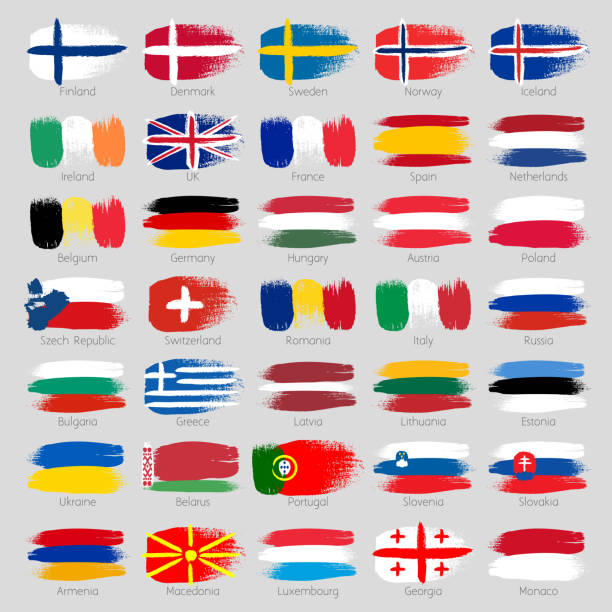 illustrazioni stock, clip art, cartoni animati e icone di tendenza di colorato pennello dipinto set di bandiere dei paesi europei - european culture europe national flag flag