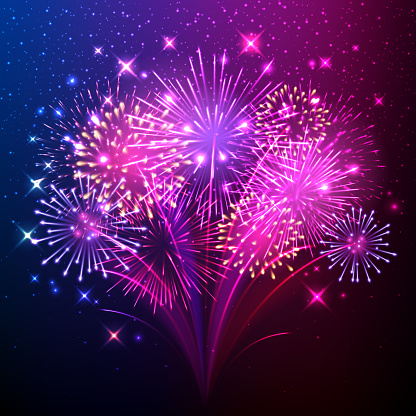 Colorful shiny realistic fireworks bunch background. Vector illustration. Celebration holiday design.