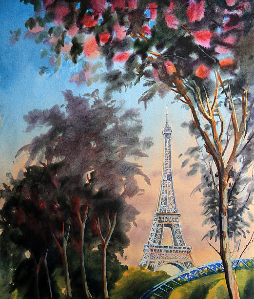 akwarela krajobraz z wieży eiffla - painted image illustration and painting expressionism tree stock illustrations
