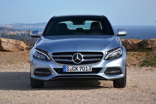 Marseille, France - March, 24th, 2014: First test drive of a new luxury sedan Mercedes C-Class W205 (D-segment) at international press launch. It is the most popular Mercedes model in Europe. Mercedes produced more than 2,2 million C-Class cars of the previous generation.