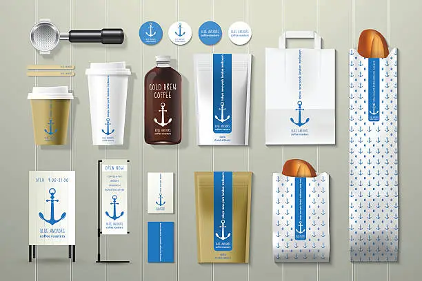 Vector illustration of Blue anchors coffee shop corporate identity template design set