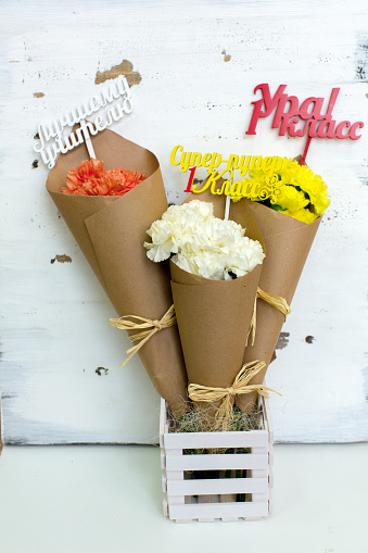 Paper Corent Three Colored Bouquet Of Carnations In Paper Cornet Stock Photo ...