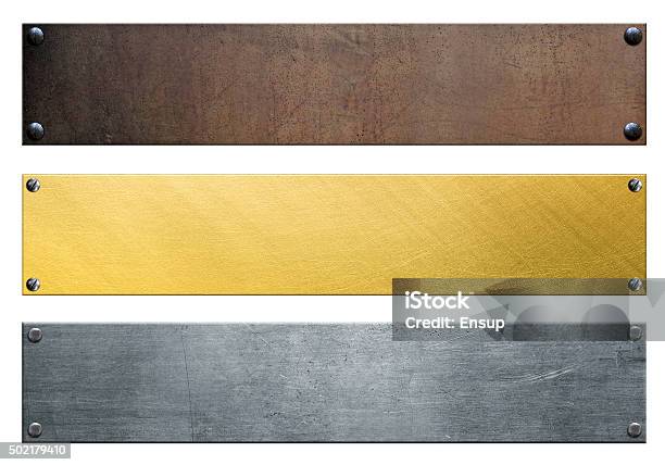 Signboards Isolated On White Stock Photo - Download Image Now - Metal, Memorial Plaque, Gold - Metal