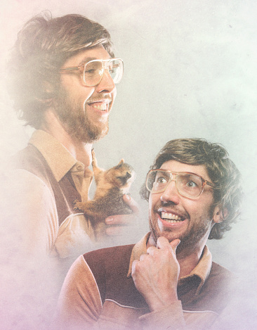 A vintage man with 1970's - 1980's style poses for a high school portrait, his face mirrored on the side holding his pet squirrel.  Retro-styled; INTENTIONAL DEGRADATION OF IMAGE AND LIGHTING.