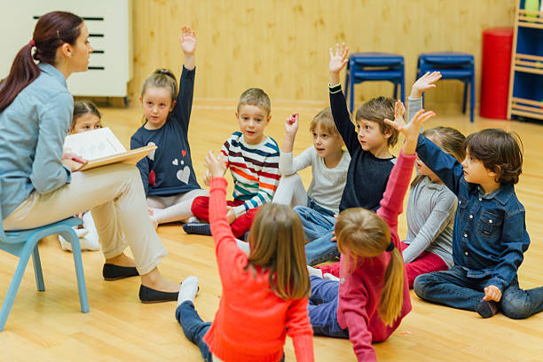 istock Preschool teacher and children with hands raised in classroom. 502180928
