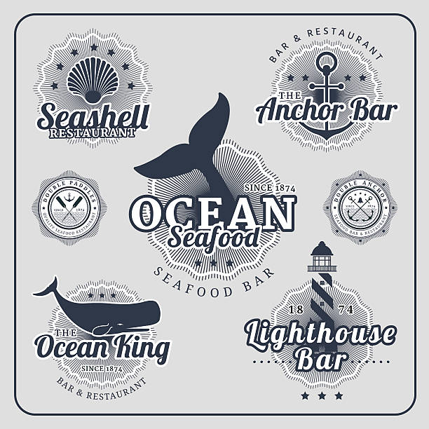 illustrazioni stock, clip art, cartoni animati e icone di tendenza di ristorante vintage set di etichette vettoriali in stile nautico - meal whale mammal animal