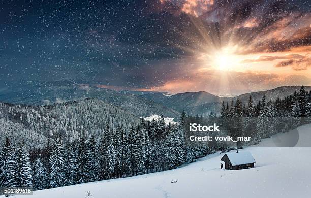 Winter Mountains View Of Farm And Tourist Near Stock Photo - Download Image Now - Log Cabin, Woodland, Snow