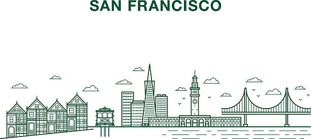 San francisco city San Francisco city illustration with most famous landmarks made in line art style san francisco flag stock illustrations