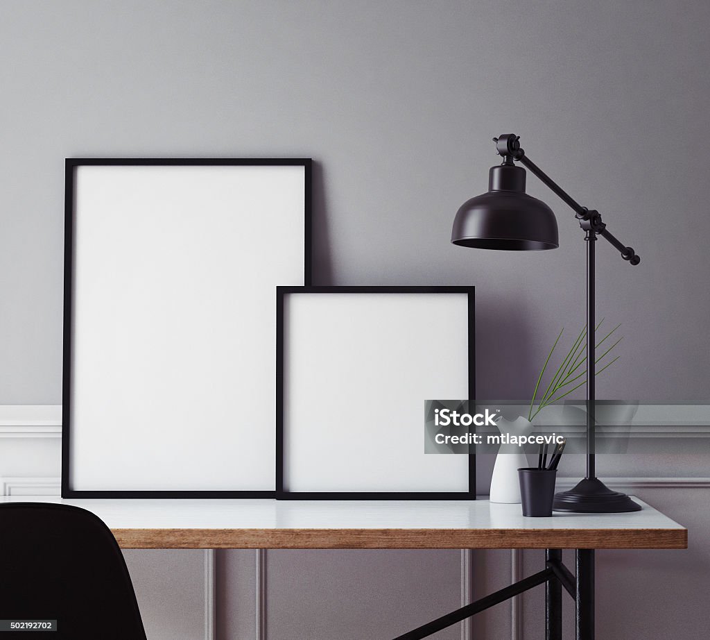 mock up poster frames in hipster interior background mock up poster frames in hipster interior background, 3D render 2015 Stock Photo