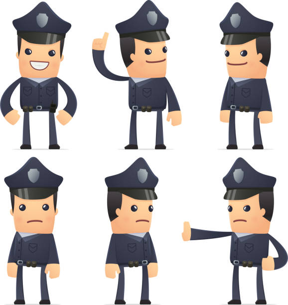 ilustraciones, imágenes clip art, dibujos animados e iconos de stock de conjunto de personajes de policía en diferentes poses - vile