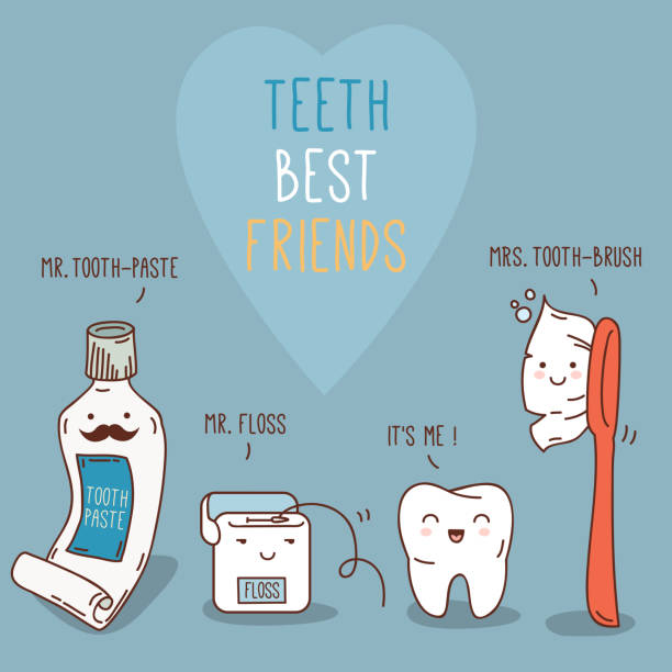 zähne besten freunde-zahn-vergangenheit, zahn-bürste und ziehen. - human teeth dental hygiene dentist office human mouth stock-grafiken, -clipart, -cartoons und -symbole