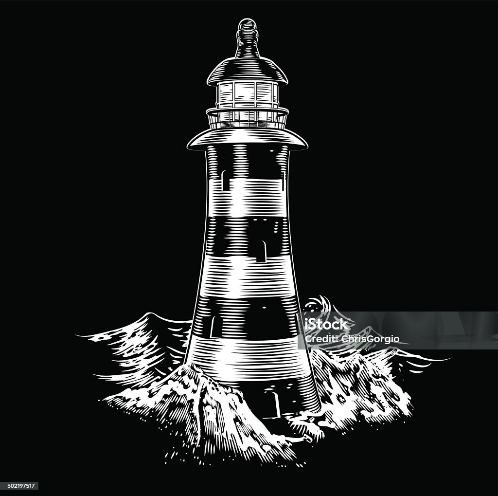 Lighthouse at night with rough sea A drawing of a lighthouse at night with rough seas Lighthouse stock vector