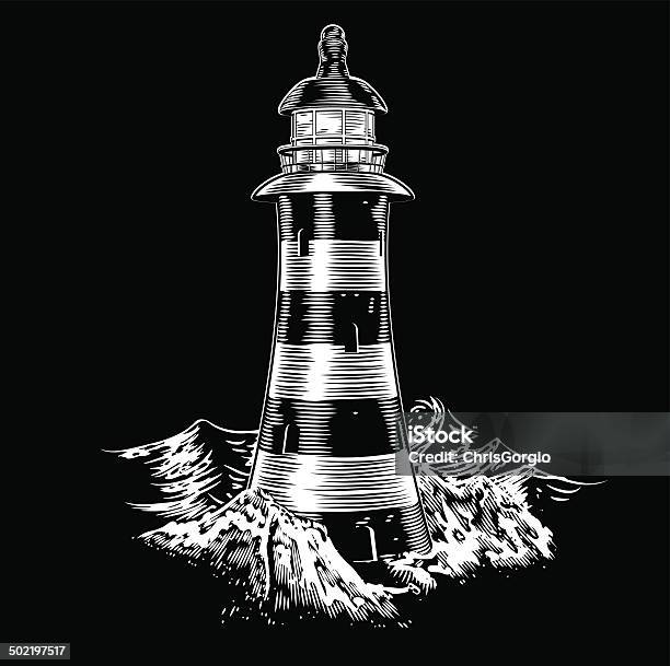 Lighthouse At Night With Rough Sea Stock Illustration - Download Image Now - Lighthouse, Engraving, Etching