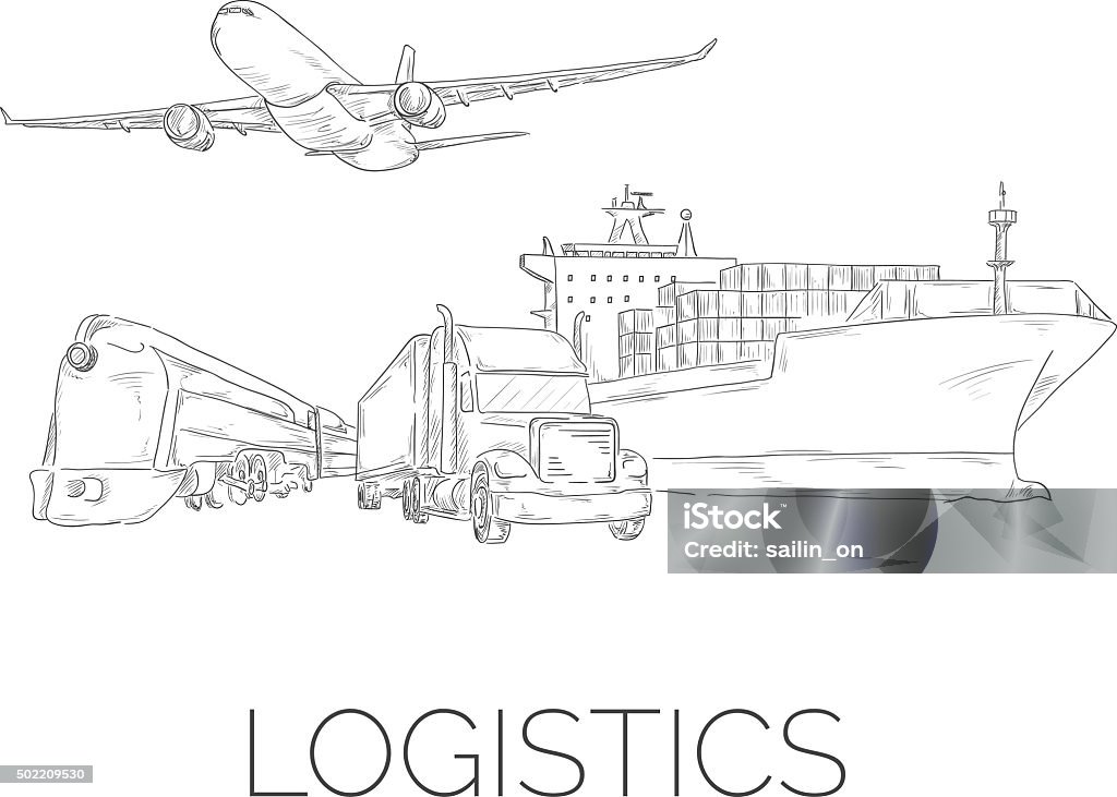 Logistics sketchy sign Logistics sign with plane, truck, container ship and train sketchy vector illustration Drawing - Activity stock vector