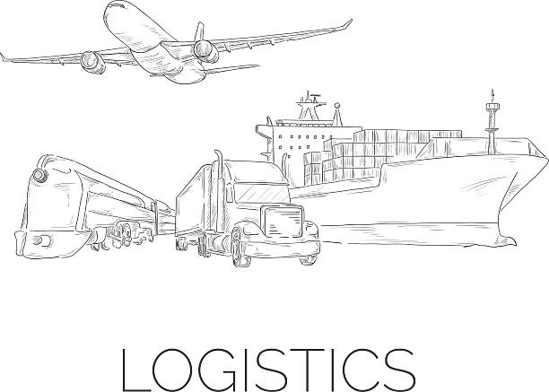 Logistics sketchy sign Logistics sign with plane, truck, container ship and train sketchy vector illustration truck drawings stock illustrations