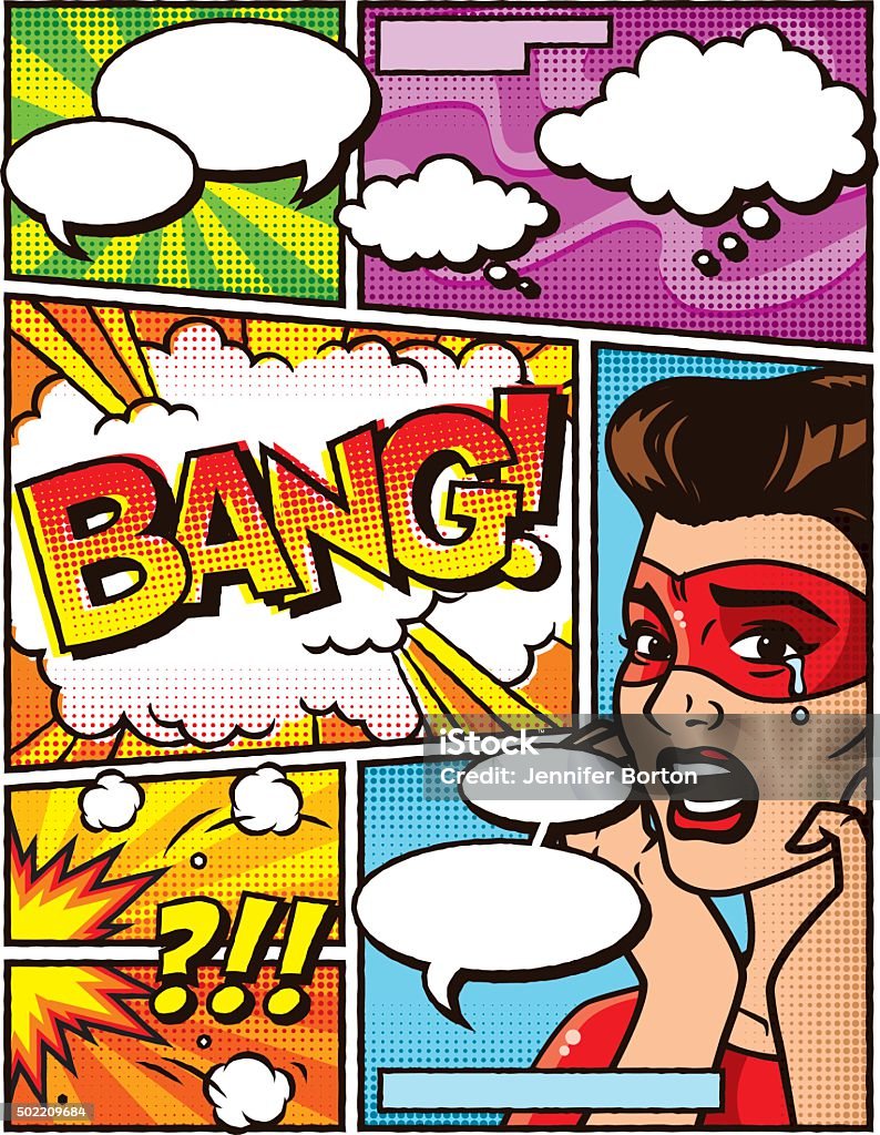 Vintage Superhero Comic Book Layout Template A vintage, screen print styled design template in a vintage comic-book style with halftone dots. Blank speech bubbles are included for you to add your own story. There is a slight roughness to the black outlines to simulate ink on paper. The person is contained in a clipping mask and the halftone dots on their face is a transparent layer that can be easily removed. Comic Book stock vector