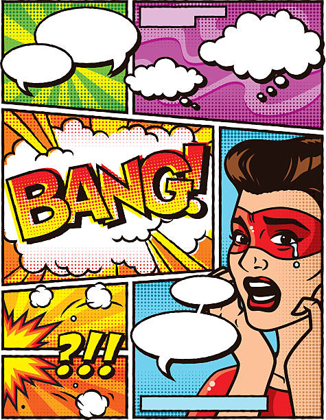 Vintage Superhero Comic Book Layout Template A vintage, screen print styled design template in a vintage comic-book style with halftone dots. Blank speech bubbles are included for you to add your own story. There is a slight roughness to the black outlines to simulate ink on paper. The person is contained in a clipping mask and the halftone dots on their face is a transparent layer that can be easily removed. superhero drawings stock illustrations