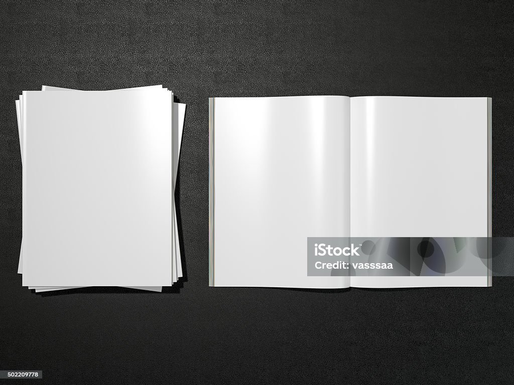 Blank Magazine Open magazine double-page spread with blank pages  mockup High resolution on black leather Magazine - Publication Stock Photo