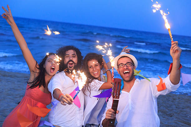 istock Young people having fun on the beach with fireworks 502210044
