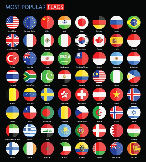Vector illustration of Round Most Popular Flags on Black Background - Vector Collection