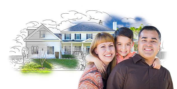 istock Young Mixed Race Family and Ghosted House Drawing 502211224