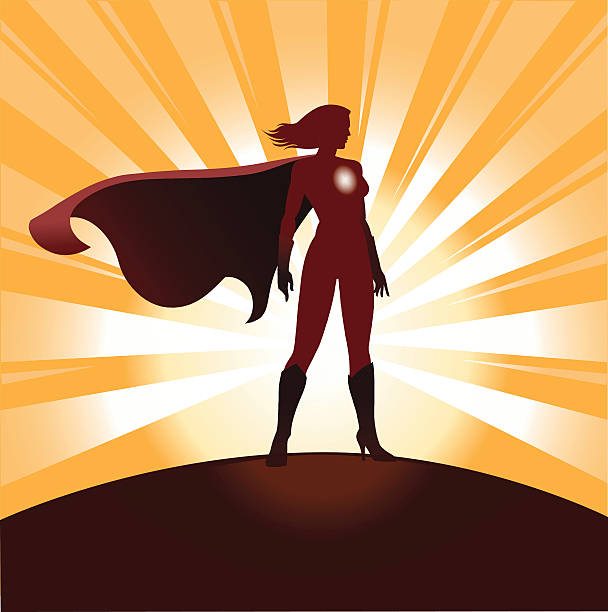 weibliche superhelden-silhouette mit sonnenstrahlen wecken - valiant stock-grafiken, -clipart, -cartoons und -symbole