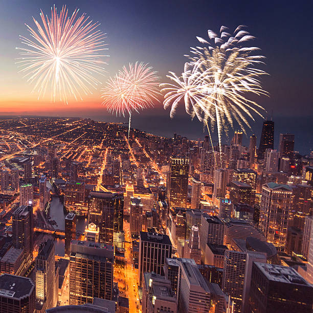 Chicago night downtown aerial view with fireworks