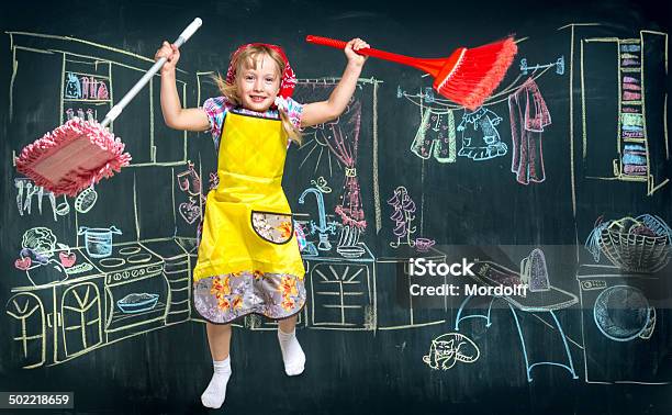Cleaning Lady Kid Stock Photo - Download Image Now - Housework, Humor, Activity