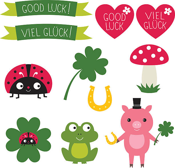 удачи векторные элементы набора.  текст на английском и немецком языках - horseshoe good luck charm cut out luck stock illustrations